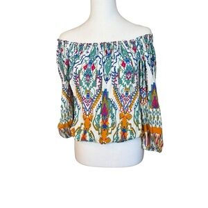 Christian Siriano Boho Chic Cropped Top Blouse Balloon Sleeve Small Tribal Print